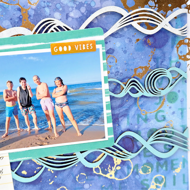 Acrylic Painted Chipboard Waves on a Summer Beach Scrapbook Layout