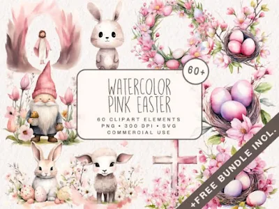 Watercolor Pink Easter Clipart Bundle