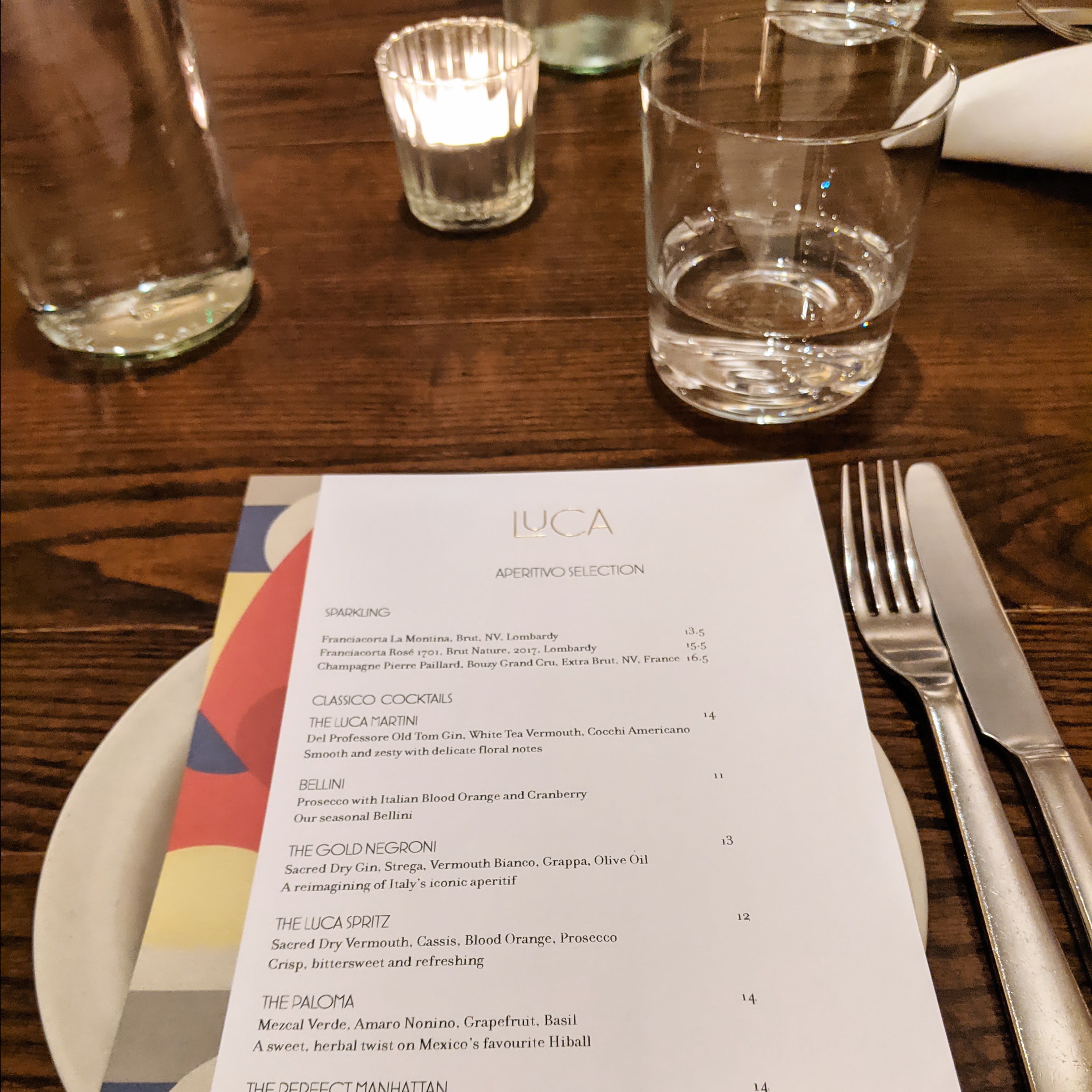 the menu on a table at Luce, one of the most authentic italian restaurants in london