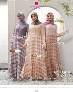 Koleksi Terbaru RAUNA RGD 39 Gamis Motif Kotak Kombinasi Polos Bahan Rayon Adem Halus Busui Wudhu Friendly