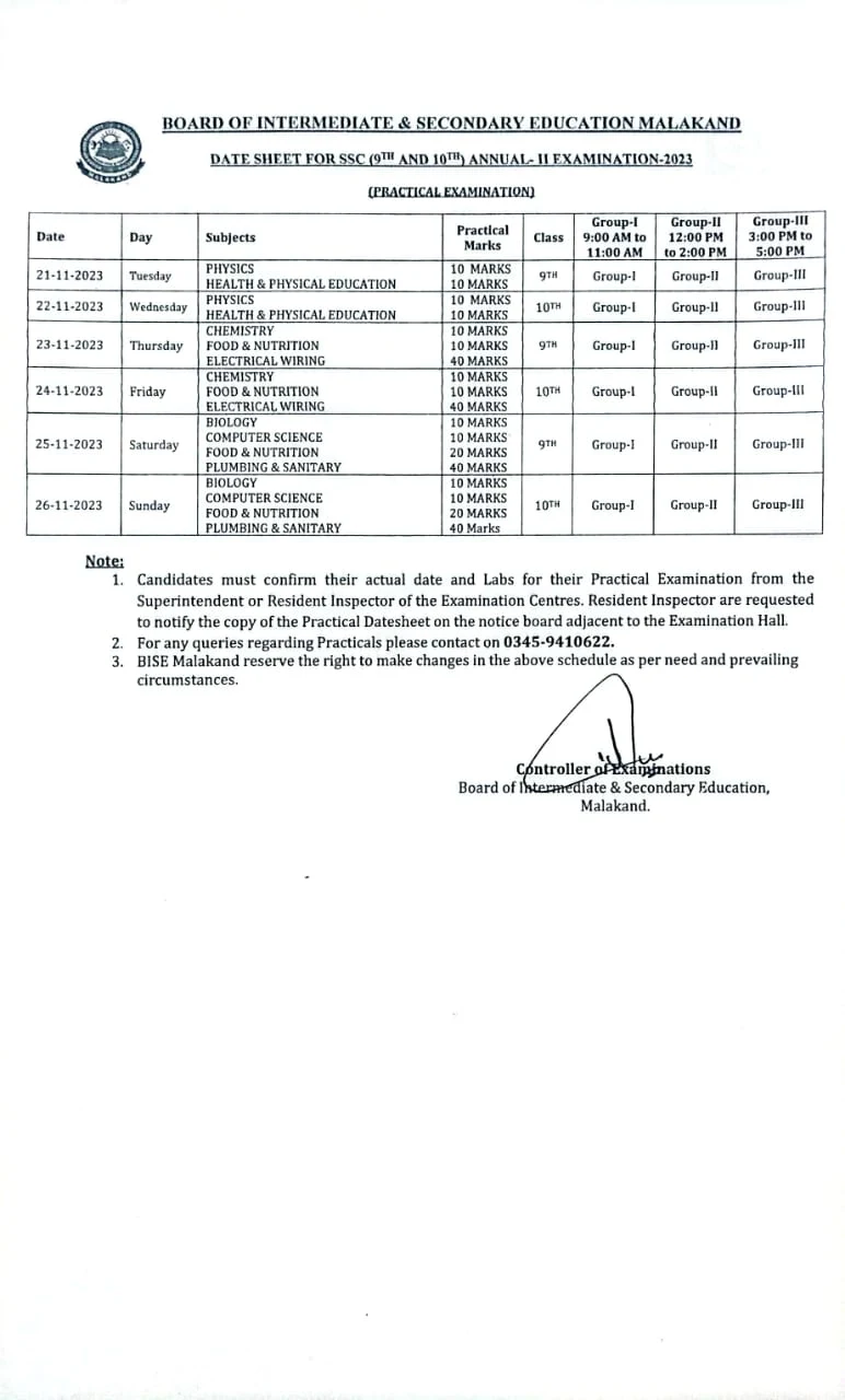 BISE Malakand SSC Date Sheet 2023 2nd Annual parctical