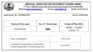 TN MRB Recruitment 2022 889 Pharmacist Posts