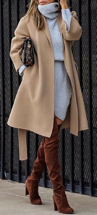 how to style a nude coat : sweater dress + brown over the knee boots