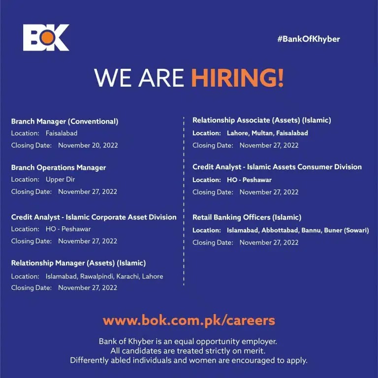 Bank of Khyber BOK Jobs 2022 - www.bok.com.pk-careers 2022