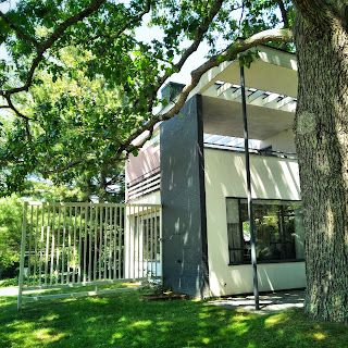A side view of a Bauhaus style house with a prominent chimney painted deep green. A whitewashed wooden trellis emerges from the building behind the chimney.