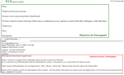 Report mail of Joymax to GameGuard concerning SRO