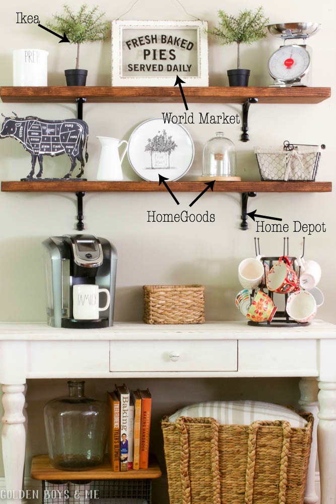 DIY wood shelves with sources for decorative items