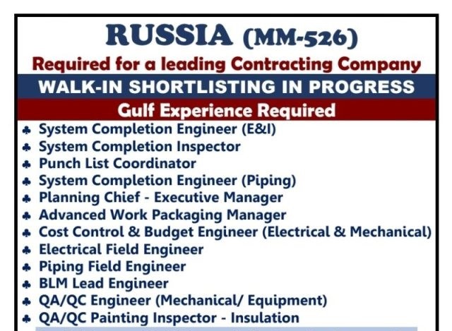 Urgent jobs in Russia - Oil & Gas Project