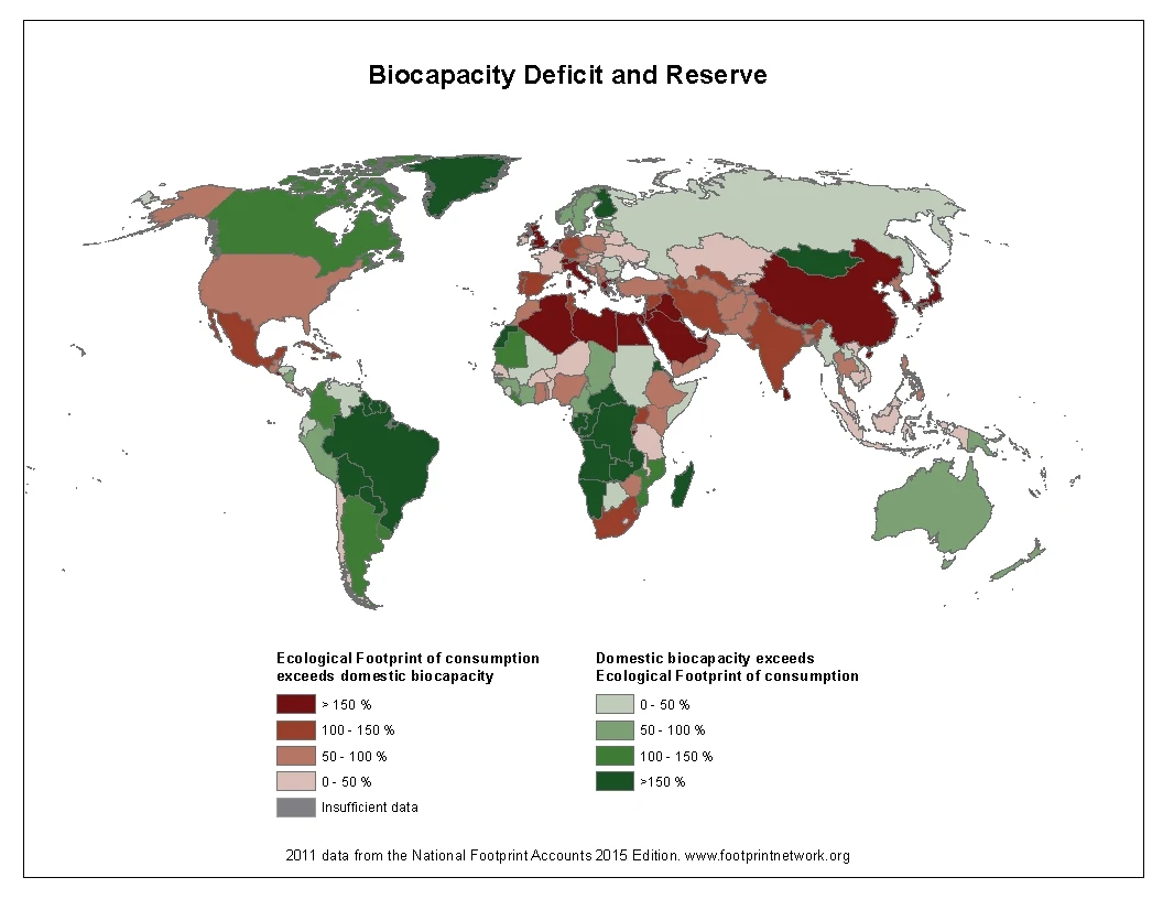 Ecological footprint: Biocapacity deficit & reserve per country 