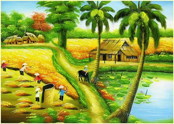 Mùa gặt lúa - Tranh phong cảnh quê hương