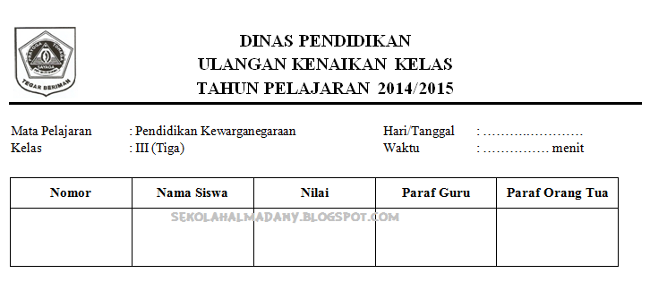 20 Soal UKK PKn Kelas 3 SD Semester 2/Genap TP. 2014/2015 
