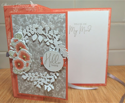 Rhapsody in craft, Calypso Coral, #colourcreationsbloghop, Pretty Prints DSP, Fancy Fold cards, Nature's Prints Bundle, Pretty Prints, Sun Prints, Stylish Shapes Dies, Thinking of you Dies, Stampin' Up!