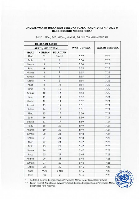 Jadual Berbuka Puasa Dan Imsak Di Negeri Perak Tahun 2022