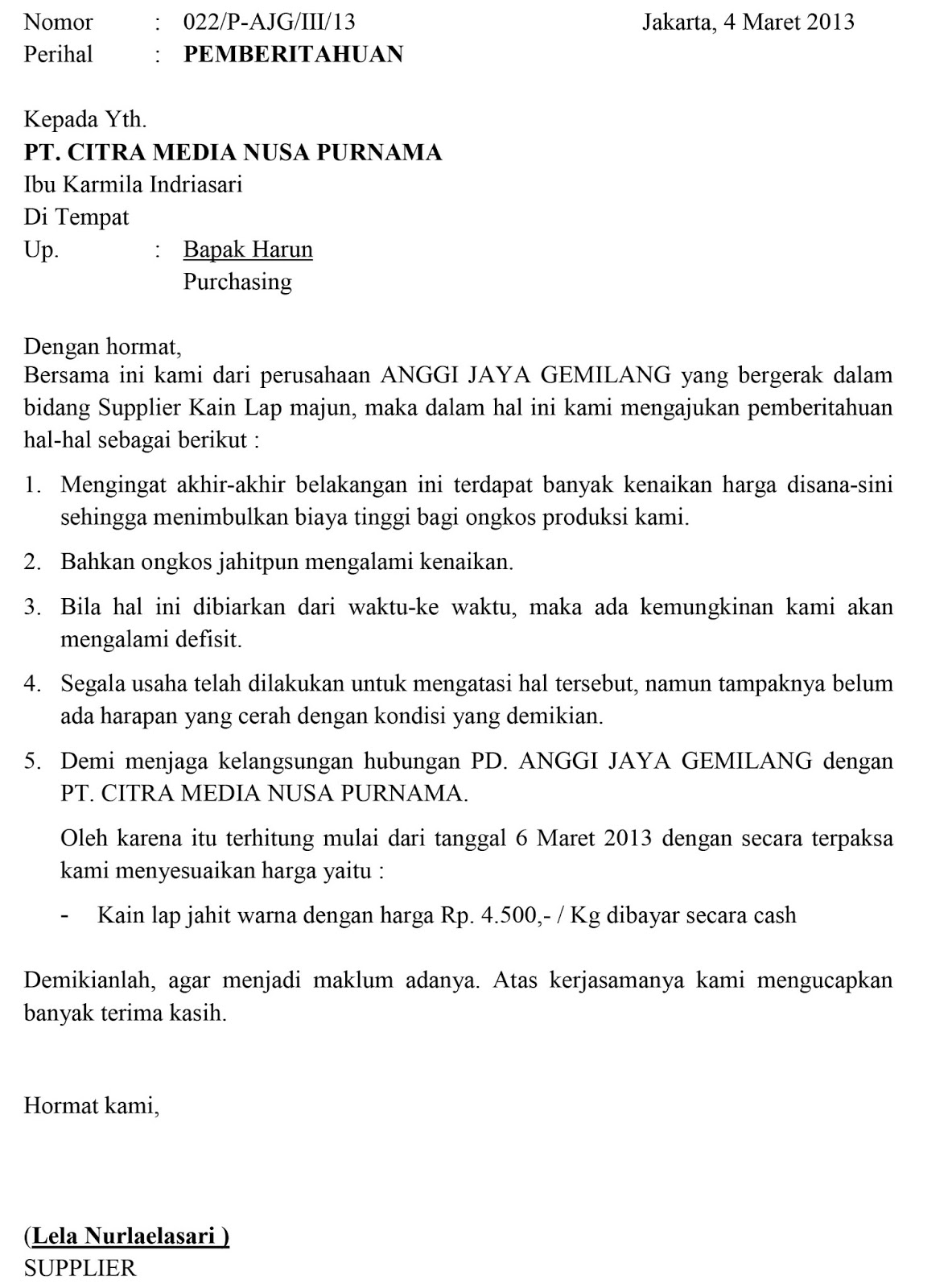 Contoh Surat Pemberitahuan Ke Vendor  Contoh Surat