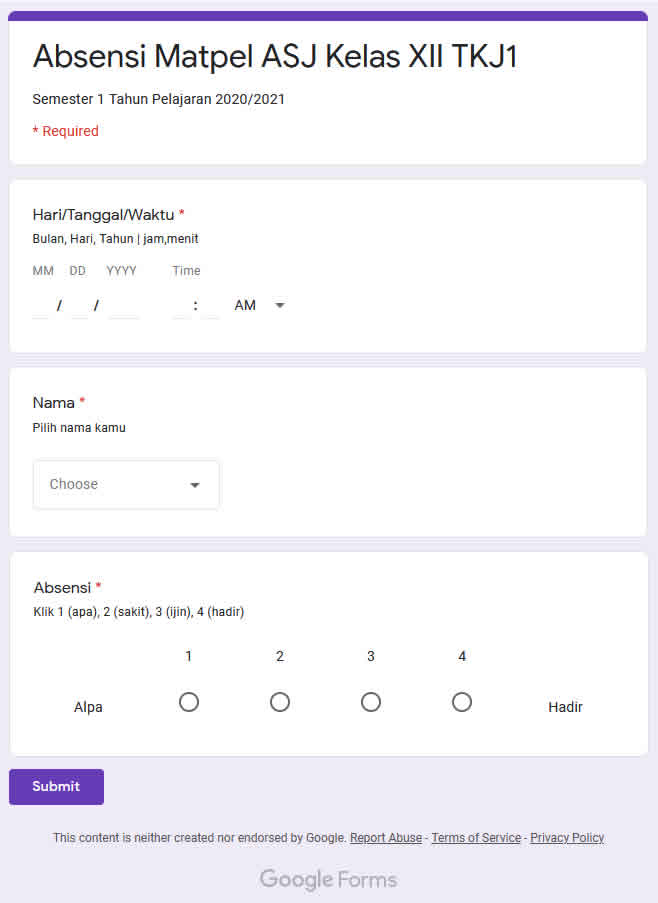 form absensi dengan google form