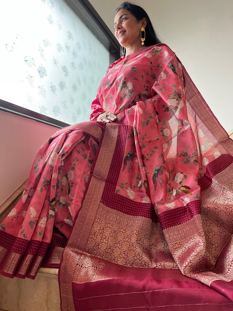 Blooms of Elegance: The Silk Chanderi Saree with Enchanting Rose Pink Floral Digital Print