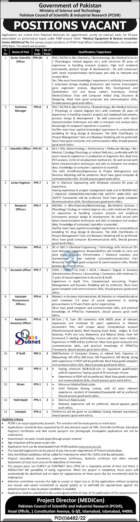 PCSIR Ministry of Science and Technology Jobs 2023 Download Form At www.pcsir.gov.pk