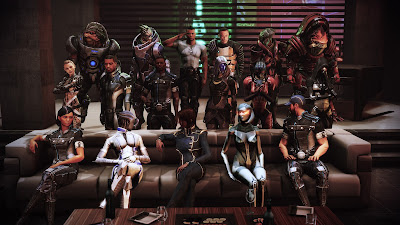 A party on the eve of the apocalypse: Shepard and crew, past and present, enjoy some down time.