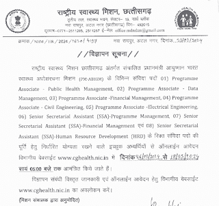 राष्ट्रीय स्वास्थ्य मिशन द्वारा आयुष्मान विभाग छत्तीसगढ़ में विभिन्न पदों की वेकेंसी : NHM CG AYUSHMAN VACANCY