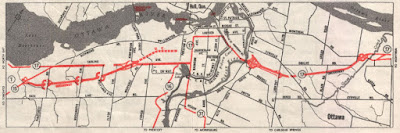 Black and white map of Ottawa's major roads, with a red overlay for highways. The Queensway comes in from the west and ends at the Carling interchange, with a dashed line continuing toward downtown marked 'under construction'. The red line continues thinner on Carling, Bronson, Laurier, Nicholas, and Hurdman before reaching the interchange at Alta Vista Drive and Highway 17 continues east toward Montreal. Highway 16, also in red, extends south from Carling along Prince of Wales Drive.