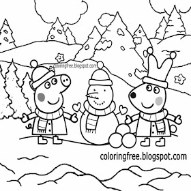 Simple winter snow basic cartoon colouring in pages baby George Peppa Pig printables for youngsters