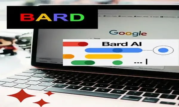 Alaptop with a logo on the screen indicating Google "Bard" AI written in differnt colors