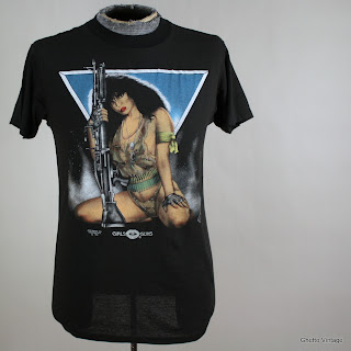 Vtg BIG HAIR BIG GUN Military Babe 3D Emblem t shirt MEDIUM 50/50 Thin Bikini