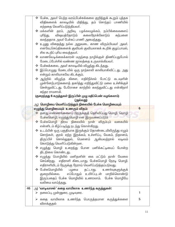 11th Tamil -Public Exam 2020 - Answer Key for Original Question Paper - Download