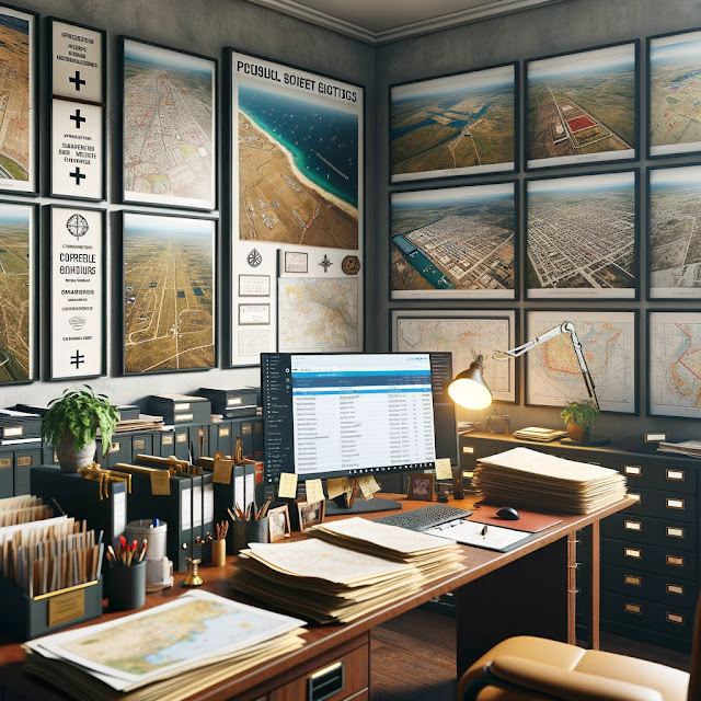 The image represents a land surveyor’s office, showcasing a wealth of past projects and the tools of the trade that reflect a strong record of professional work and client satisfaction.