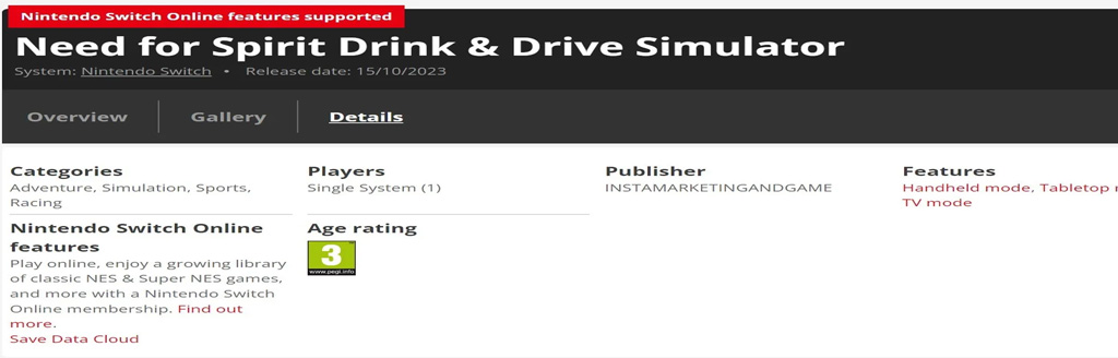 Nintendo Switch Drink Driving Game Rated 3+ Taken from eShop