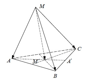 Fie MABC un tetraedru oarecare si M' un punct in interiorul triunghiului ABC. Notam cu $S_{A}, S_{B}, S_{C}$, S ariile triunghiurilor BM'C, CM'A, AM'B respectiv ABC. Atunci are loc relatia: