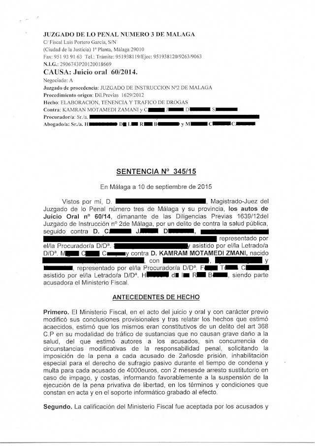 Sentencia que acredita la condena al presidente de Torremuelle, Kamran Motamedi, por tráfico de drogas