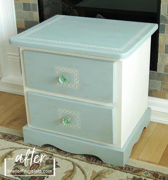 An easy pine bedside table makeover with chalk-style paint.
