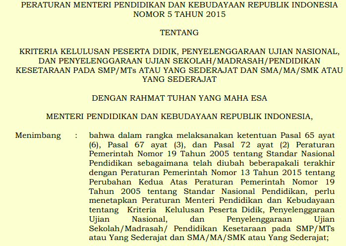 PERMENDIKBUD NOMOR 5 TAHUN 2015 TENTANG KRITERIAKELULUSAN PESERTA DIDIK