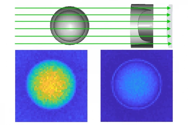 Image Attribute: At the top, a diagram shows the configuration that could be used to verify that a nuclear warhead is real. At left, the key component of a nuclear weapon, called the pit, which consists of a hollow sphere of plutonium, is lined up with a specially made second component, called the reciprocal, which has the opposite characteristics. When the two are observed using a beam of neutrons, the resulting image (bottom left) is distinctive but reveals no details of the pit’s dimensions and composition. However, if an outwardly similar-looking object with a different shape or composition is substituted for the pit, it results in a distinctly different image, making it easy to tell that it’s a fake. / Source: Areg Danagoulian