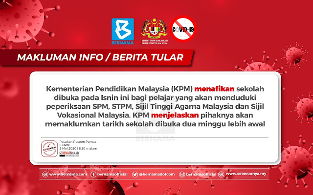 TERBARU!!! COVID-19: Senarai berita palsu tular setakat 8.30 malam, 2 Mei - KKMM. Berikut adalah senarai penafian berita tular dalam media sosial oleh agensi yang bertanggungjawab melalui kenyataan media Pasukan Respons Pantas Kementerian Komunikasi dan Multimedia (KKMM) malam ini.