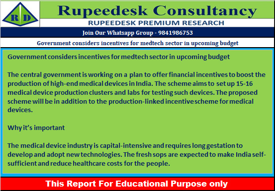 Government considers incentives for medtech sector in upcoming budget - Rupeedesk Reports - 29.12.2022