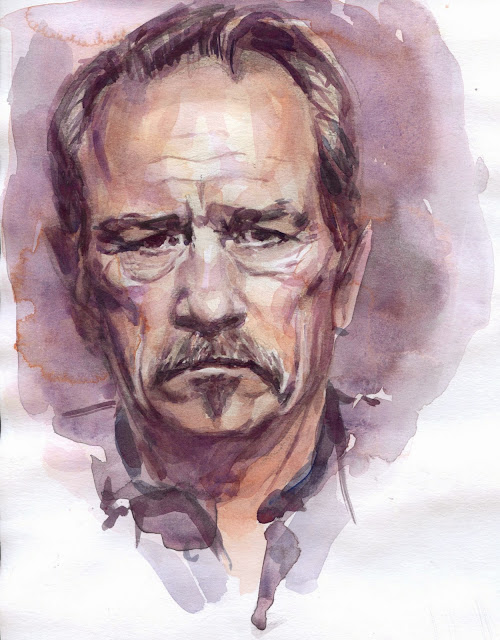 Retrato en acuarela del actor Tommy Lee Jones