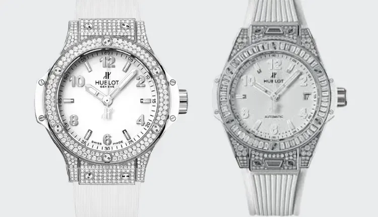 Image of two versions of the Hublot Big Bang Steel White Jewelry luxury wristwatch with the back of the front