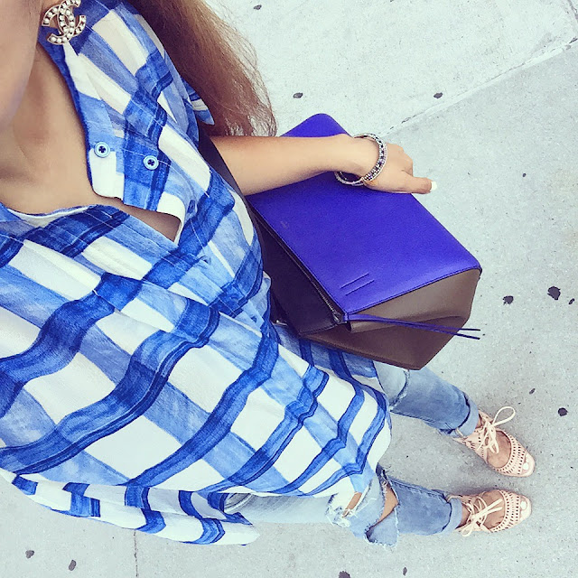 Chanel earrings, anthropologie blouse, blank denim jeans, celine bag, jeffrey campbell wedges,Checked Silk Henley by maeve 