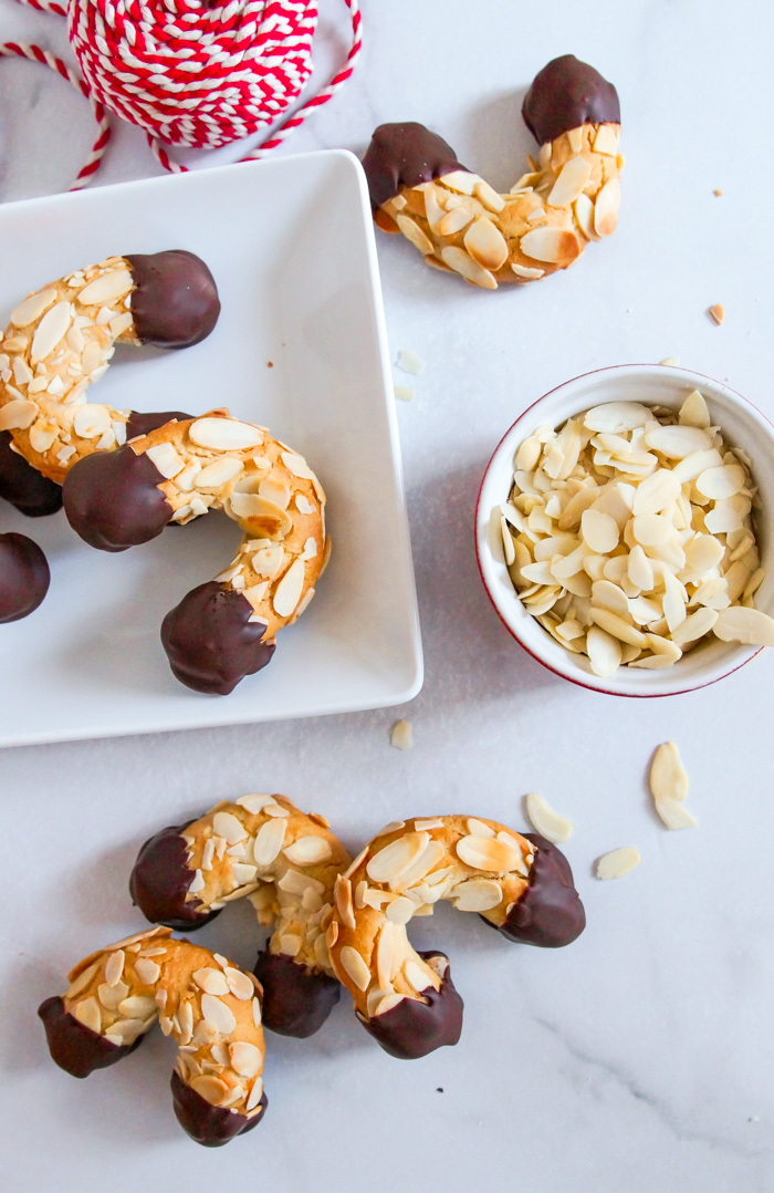 German Chocolate-Dipped Almond Horn Cookies (Mandelhörnchen), overhead pic