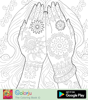 Free Indian girl mehndi design on hands coloring page