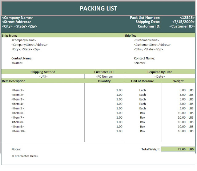 Shipment Packing List