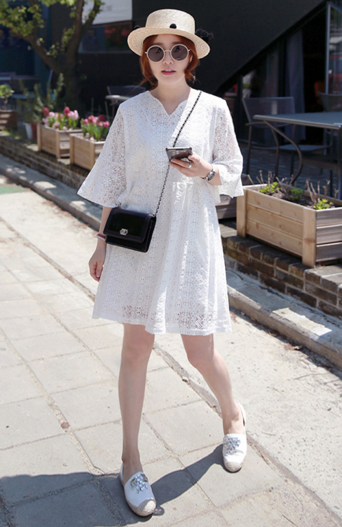 Laced Split Neck Bell Sleeve Dress