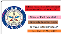 Defence Research and Development Organisation Recruitment 2017- Scientist`B