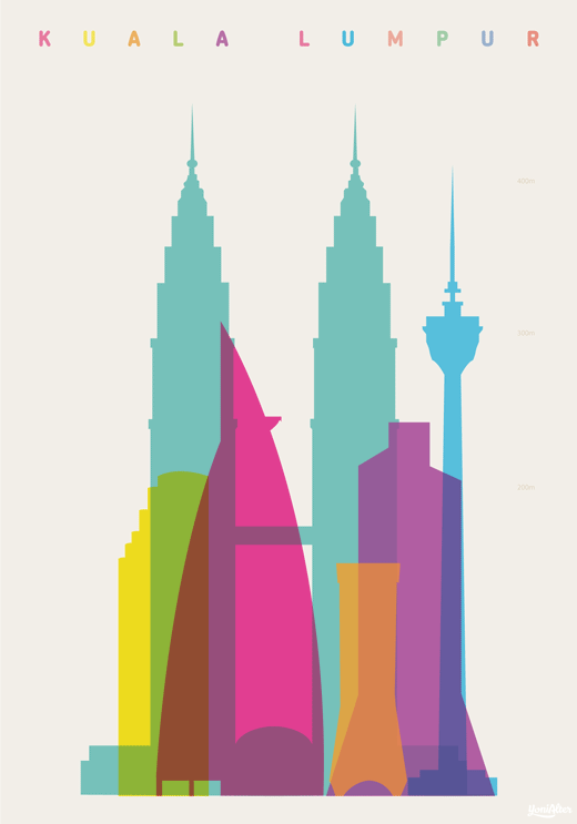 yoni alter ilustração cidades minimalistas ponto turísticos cores silhuetas prédios kuala lumpur