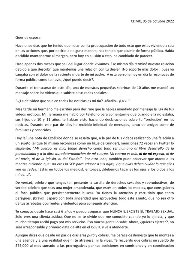 Galicia Castelán esposo de María Clemente publica carta afirmando que la diputada federal transgénero nunca ha sido trabajadora sexual