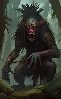 mapinguari é um monstro que assombra o povo guarani nas florestas amazônicas, sua boca se abre na barriga, garras compridas e pés sem dedos. arte fantástica e sombria, arte tribal amazônica.