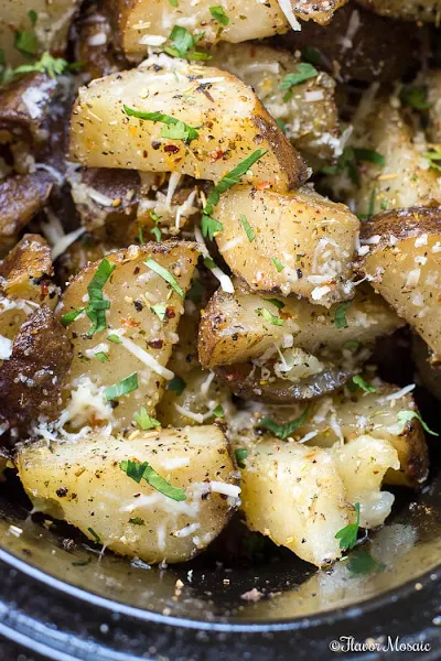 Close up top view of crockpot potatoes.