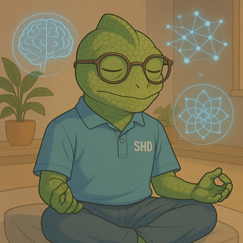 Ilustração do camaleão mascote da SHD: Seja Hoje Diferente meditando em ambiente tranquilo, com símbolos de neurociência e visualização mental, representando o poder do pensamento e a prática do autoconhecimento.
